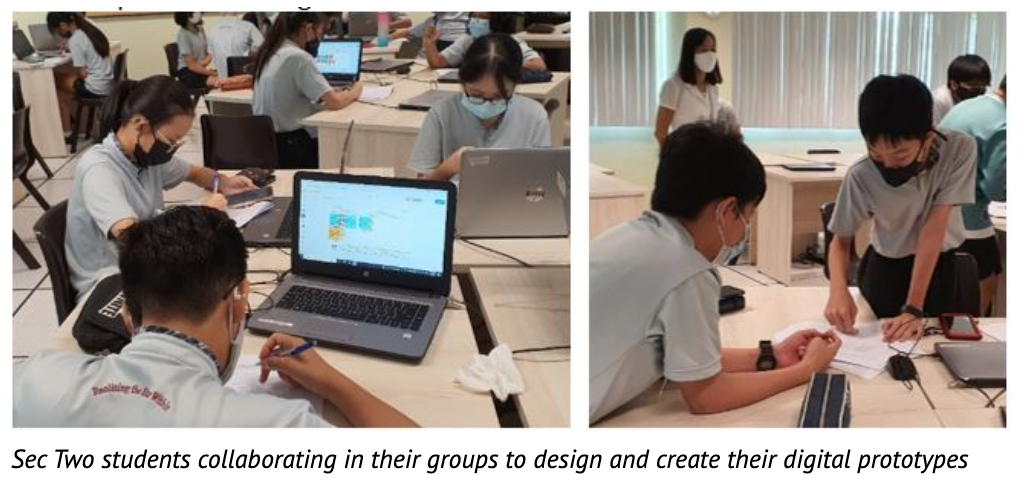 Students in masks work in groups at desks with laptops and papers, collaborating on digital prototypes.
